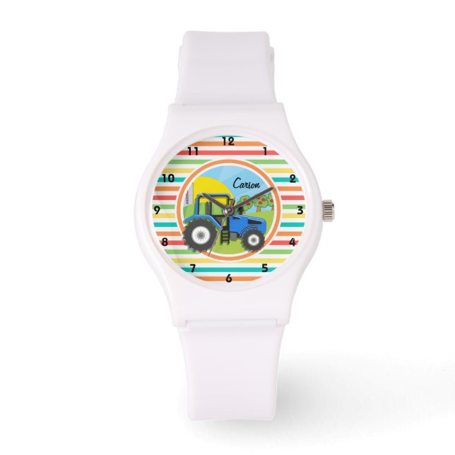 Blaue Zugmaschine; helle Regenbogenstreifen Armbanduhr (Vorderseite)