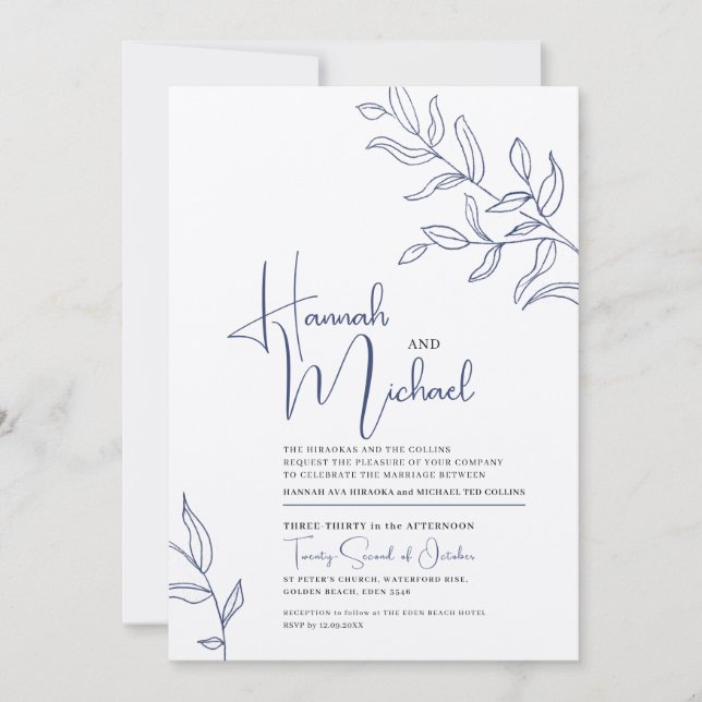 Blaue Zweig der Blätter Skizze Hochzeit Einladung (Vorderseite)