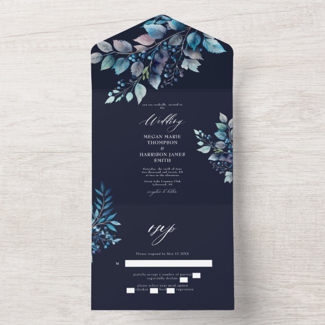 Blaue Zweige und Berries Hochzeitsnacht All In One Einladung (Innen Boden)