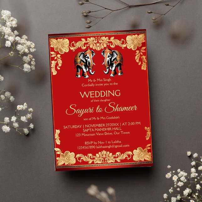 Blauelefanten-Vorlage für Rot und Gold Einladung (Red and gold Indian wedding ornate elephants editable template invitation instant digital download)