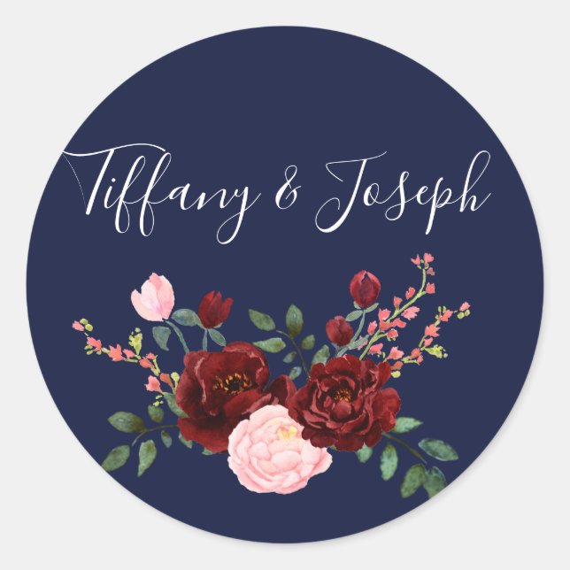Blauen Rosa Burgund Rose Blumenhochzeit Runder Aufkleber (Vorderseite)