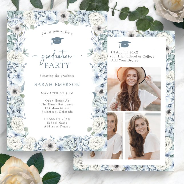 Blauer Abschluss Einladung (Watercolor Blue Floral Graduation Party Invitation Photo Collage by Painted Paperie
)