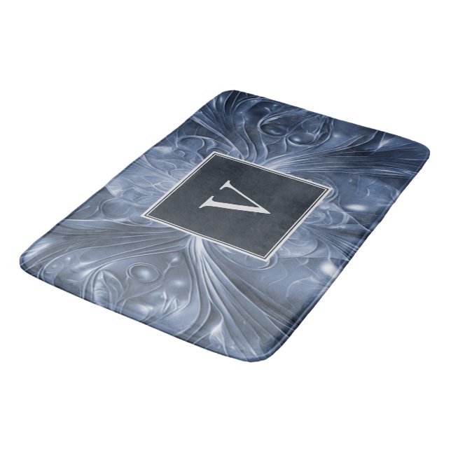 Blauer Abstrakter Geblüht Monogramm Bath Mat Badematte (Schrägansicht)