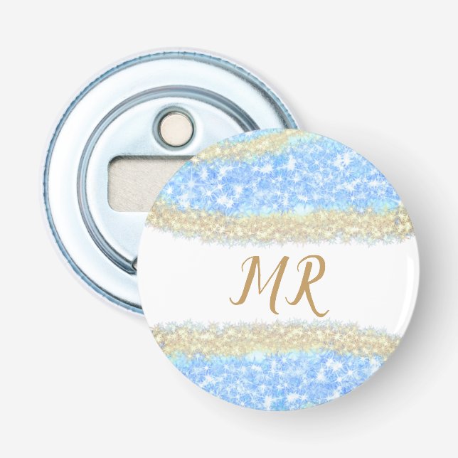 Blauer agate Gold Glitzer funkelnder Monogramm-Nam Flaschenöffner (Vorderseite)