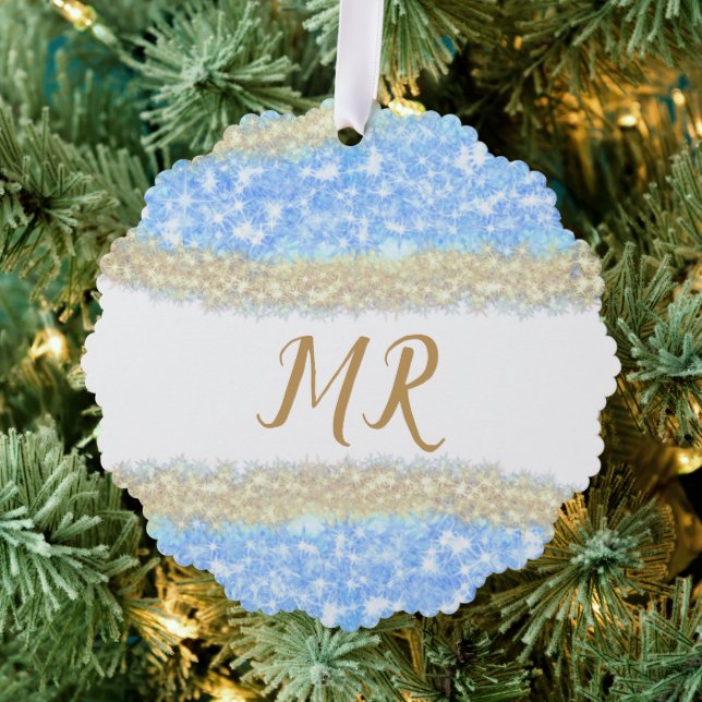 Blauer agate Gold Glitzer funkelnder Monogramm-Nam Ornament Karte (Insitu (Baum))