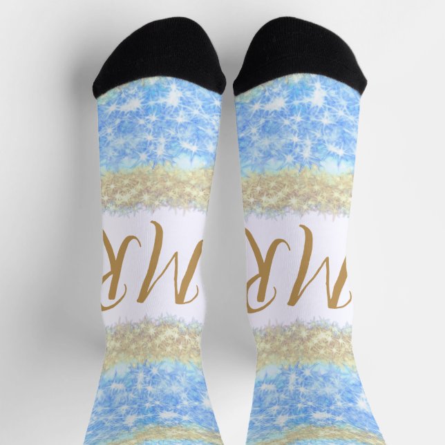 Blauer agate Gold Glitzer funkelnder Monogramm-Nam Socken (Oben)