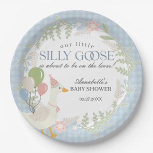 Blauer Albern Gänse Gingham Baby Dusche Pappteller