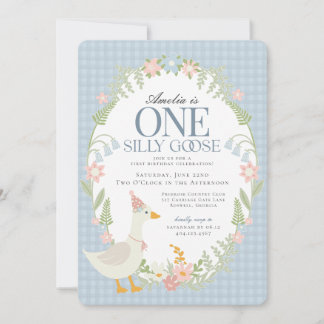 Blauer Alberne Gänse Floral Gingham Erster Geburts Einladung