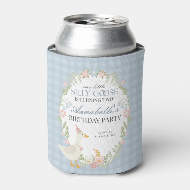 Blauer Alberner Gänse Floral Gingham Birthday Favo Dosenkühler (Kanne Vorderseite)