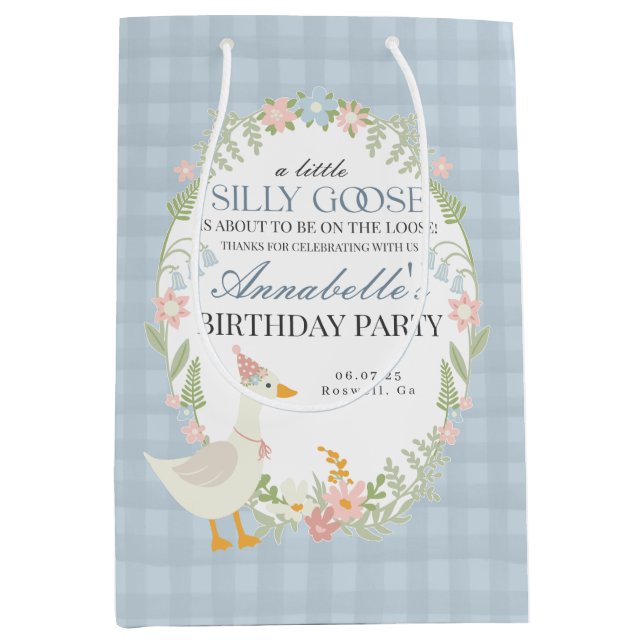 Blauer Alberner Gänse Floral Gingham Birthday Favo Mittlere Geschenktüte (Vorderseite)