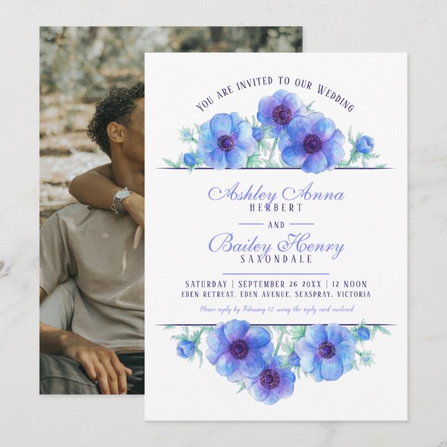 Blauer Anemon Hochzeitssaal Aquarell Foto Einladung (Vorne/Hinten)