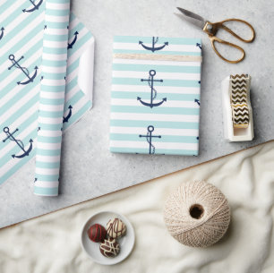 Blauer Anker auf Minzstreifen Geschenkpapier