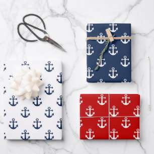 Blauer Anker der Nautischen Marine auf weißem Hin Geschenkpapier Set