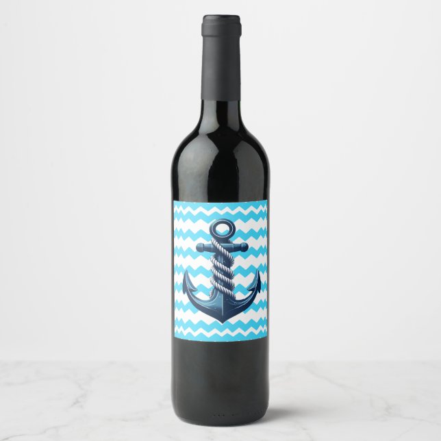 Blauer Anker mit blauen Wellen Weinetikett (Vorderseite)