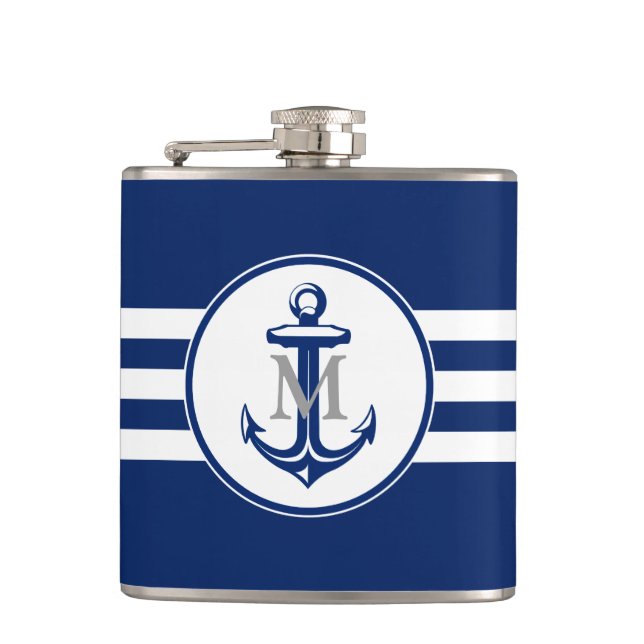Blauer Anker mit Monogramm Flachmann (Vorderseite)