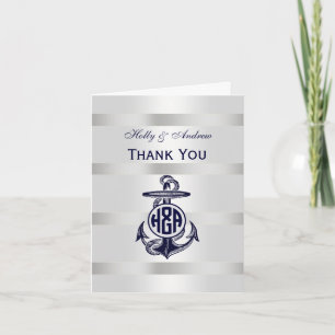 Blauer Anker Silber Weiß Marine Kreis Monogramm 33 Dankeskarte