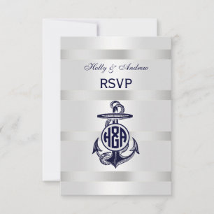 Blauer Anker Silber Weiß Marine Monogramm 33 RSVP Karte