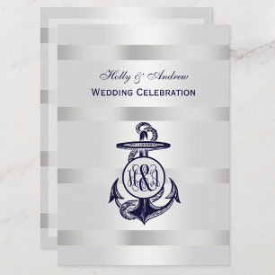 Blauer Anker Silber Weiß Marine Rebe Monogramm 33 Einladung