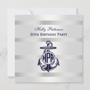 Blauer Anker Silber Weiß Navy Kreis Monogramm 33 Einladung