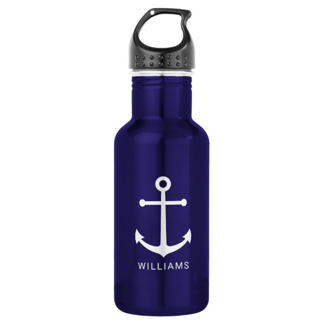 Blauer Anker und Individuelle Name der Nautischen  Edelstahlflasche (Vorderseite)