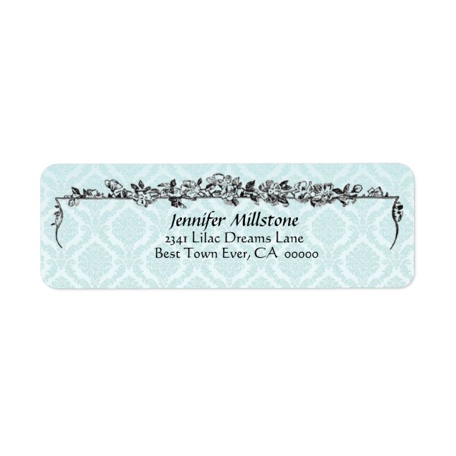 Blauer Aqua Blauer Damask und Blume-Adressetikett (Vorne)
