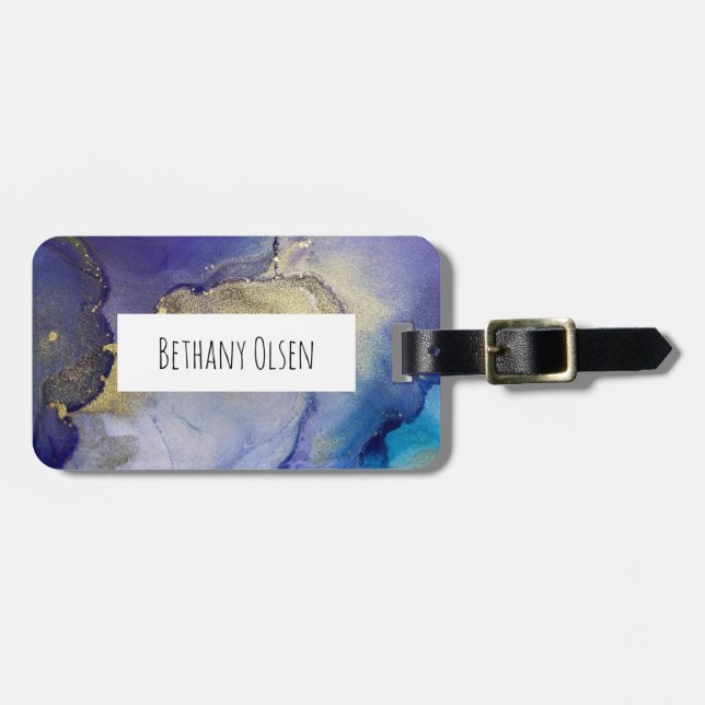 Blauer, Aquamariner, Lila und goldener Alkoholtink Gepäckanhänger (Vorderseite horizontal)