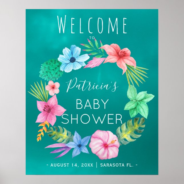 Blauer aquamariner tropischer Kranz Babydusche Beg Poster (Vorne)
