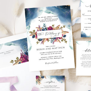 Blauer, Aquamariner und Lila Himmelsblütenhochzeit Einladung