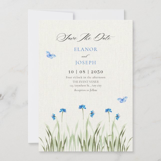 Blauer Aquarell-Blumengarten Save The Date (Vorderseite)