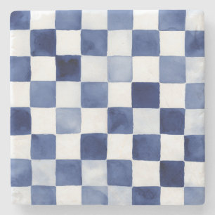 Blauer Aquarell-Karo-Dekorativer Stein-Getränkeunt Steinuntersetzer
