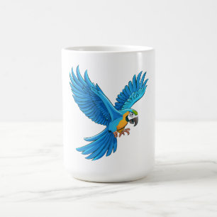 Blauer Ara fliegt Kaffeetasse
