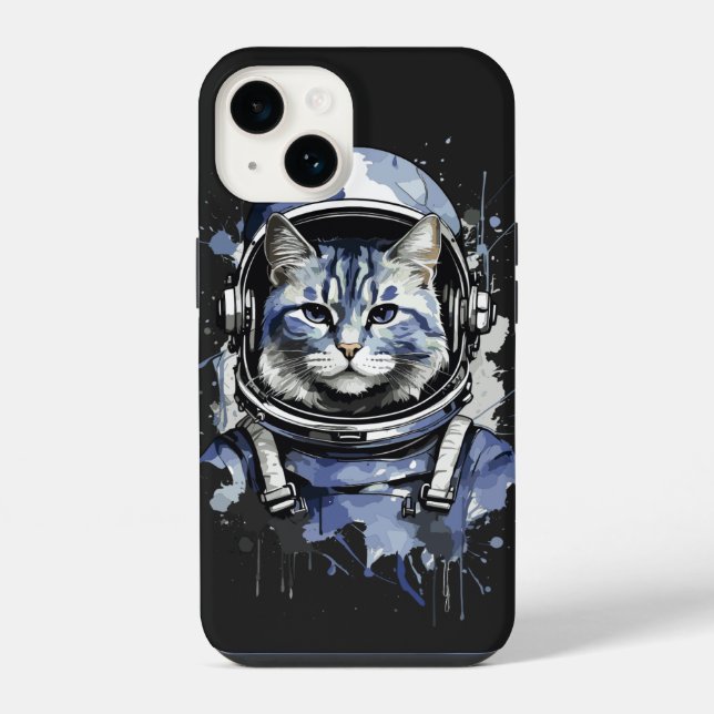 Blauer Astronaut Katzen Splash Design iPhone 14 Hülle (Rückseite)