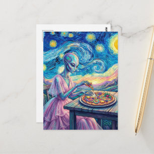 Blauer Außerirdischer im rosa Kleid isst Pizza Fau Postkarte