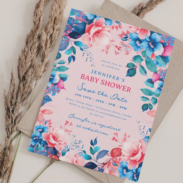 Blauer Baby Dusche Blauer Rosa Save Date Blush Einladung (Floral Baby Shower Blue Pink Save Date Blush Invitation)