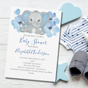 Blauer Baby-Junge-Elefant-Baby-Shower-Blumen-Ballo Einladung
