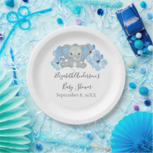 Blauer Baby-Junge-Elefant-Baby-Shower-Blumen-Ballo Pappteller
