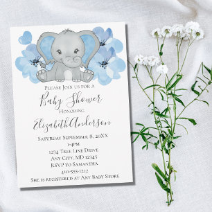 Blauer Baby-Junge-Elefanten-Babyshower-Blumen-Ball Einladung
