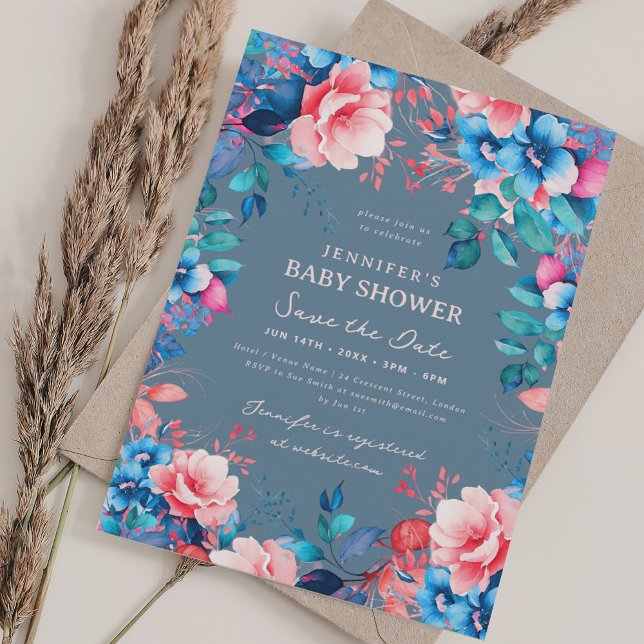Blauer Babydusche Blauer Rosa Datum speichern Dust Einladung (Floral Baby Shower Blue Pink Save Date Dusty Blue Invitation)