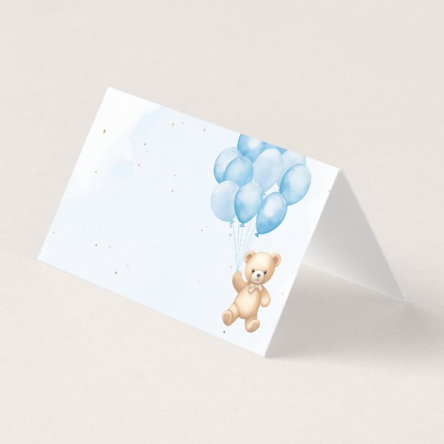 Blauer Ballon Teddy Bär Baby Dusche Platzkarten (Vorderseite)