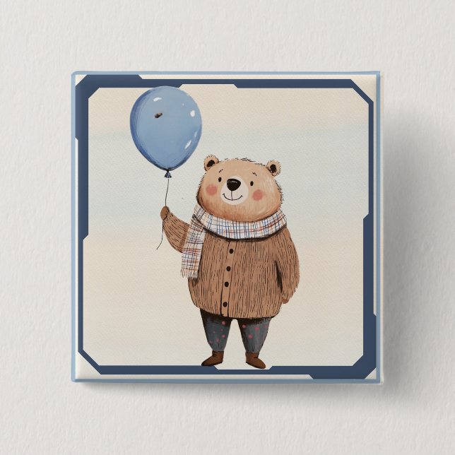 Blauer Ballonbär in Brown Sweater Kariert Scara Button (Vorderseite)