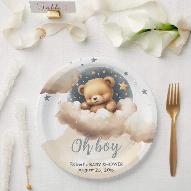 Blauer Bär auf Wolken Babydusche Einladung Pappteller (Hochzeit)