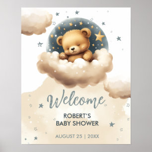 Blauer Bär auf Wolken Babydusche Einladung Poster