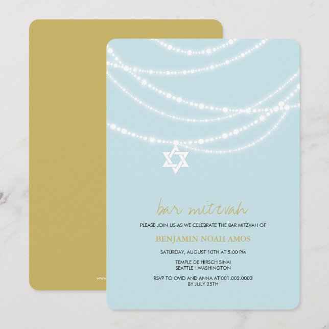 Blauer Bar Mitzvah Glitzern-Davidsstern Laden ein Einladung (Vorne/Hinten)