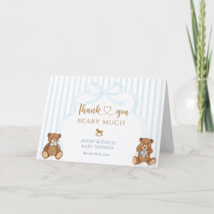 Blauer Bär wartet kaum Baby Shower Eleganter Strei Dankeskarte