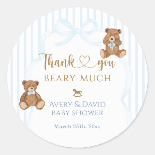 Blauer Bär wartet kaum Baby Shower Eleganter Strei Runder Aufkleber