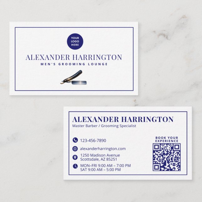 Blauer Barbier-Rasierer-Friseur-QR-Code Visitenkarte (Vorne/Hinten)