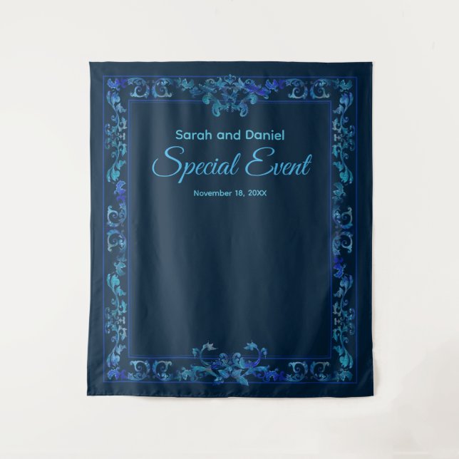 Blauer Barock mit Name Special Event anpassen Wandteppich (Vorderseite)