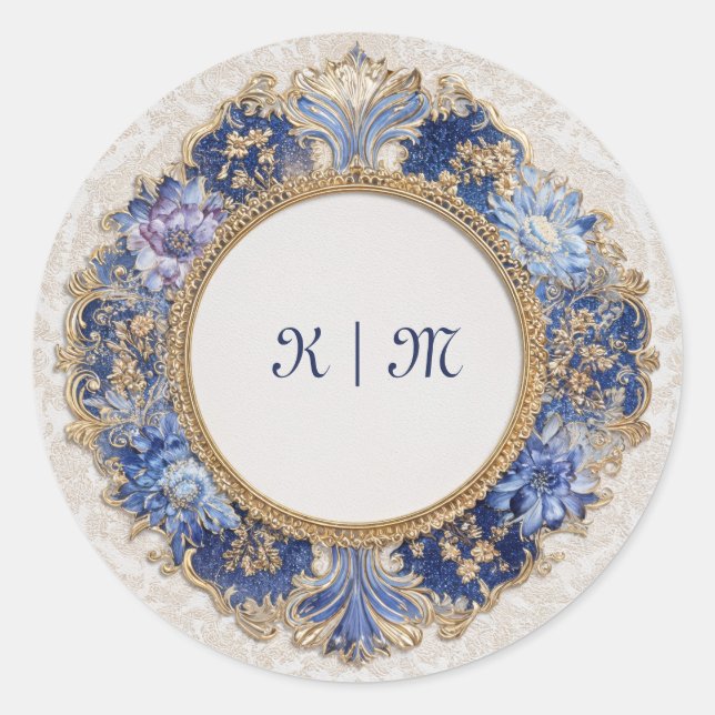 Blauer Barock Viktorianischer Hochzeitsticker Runder Aufkleber (Vorderseite)