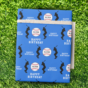 Blauer Baseballballspieler Kinder Name Geburtstag Geschenkpapier