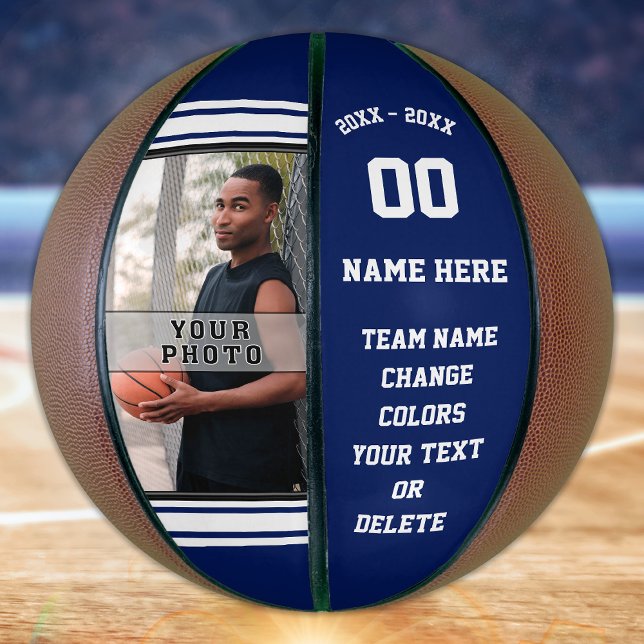 Blauer Basketballball, Ihr FOTO, TEXT Basketball (Senior Gift Ideas for Basketball. Photo Basketball. Personalized Basketballs. Navy Blue Basketball.)